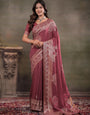Dusty Rose Nylon Viscose Pure Saree with Silver Woven Border, Floral Botanical Design, Elegant Designer Pallu & Tassel Edges