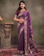 Plum Purple Nylon Viscose Pure Saree with Floral Woven Border, Elegant Botanical Design, Designer Pallu & Tassel Edges