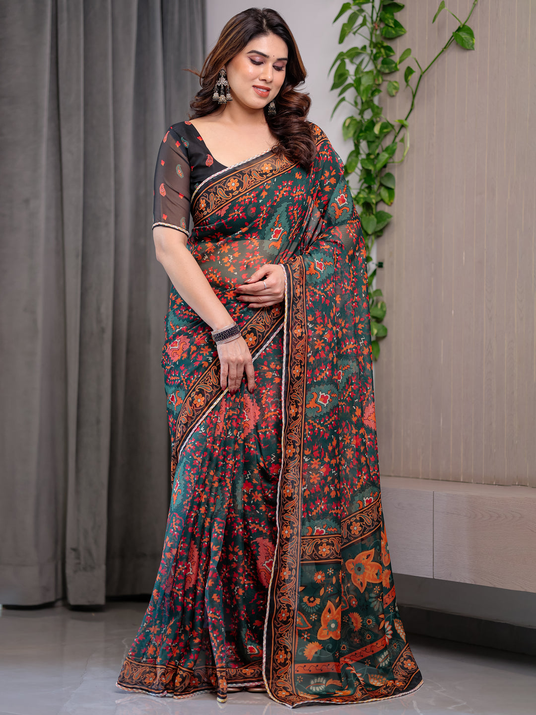 Black Printed Organza Saree with Floral & Traditional Motifs and Multicolour Lace Border | Designer Lightweight Organza Saree with Attached Blouse Piece | Festive & Party Wear Saree
