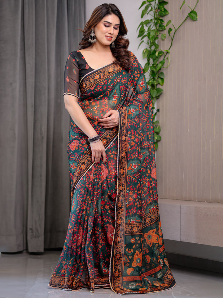 Black Printed Organza Saree with Floral & Traditional Motifs and Multicolour Lace Border | Designer Lightweight Organza Saree with Attached Blouse Piece | Festive & Party Wear Saree