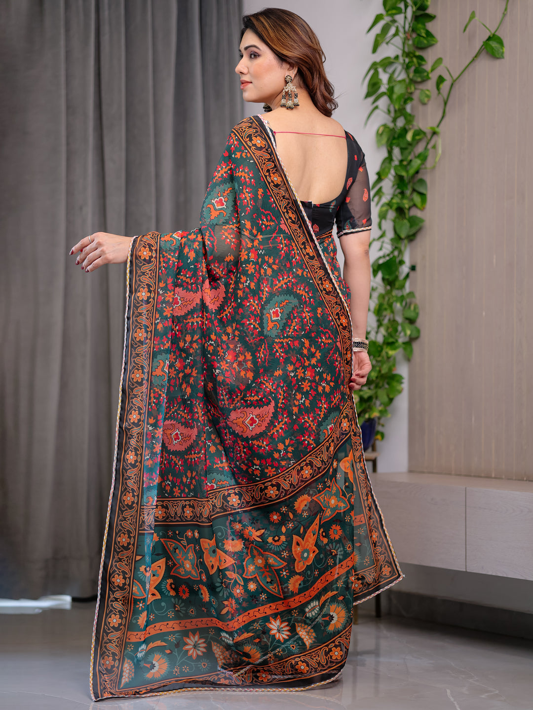 Black Printed Organza Saree with Floral & Traditional Motifs and Multicolour Lace Border | Designer Lightweight Organza Saree with Attached Blouse Piece | Festive & Party Wear Saree