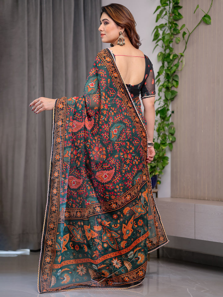 Black Printed Organza Saree with Floral & Traditional Motifs and Multicolour Lace Border | Designer Lightweight Organza Saree with Attached Blouse Piece | Festive & Party Wear Saree