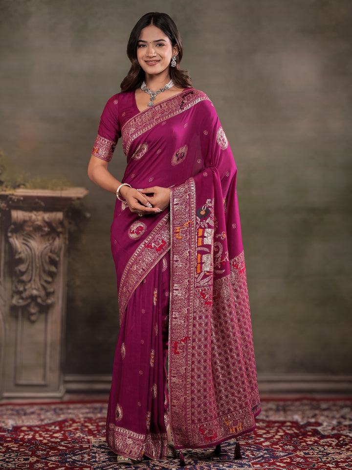 Magenta Nylon Viscose Pure Saree with Traditional Woven Border, Heritage Motif Design, Grand Designer Pallu & Tassel Edges