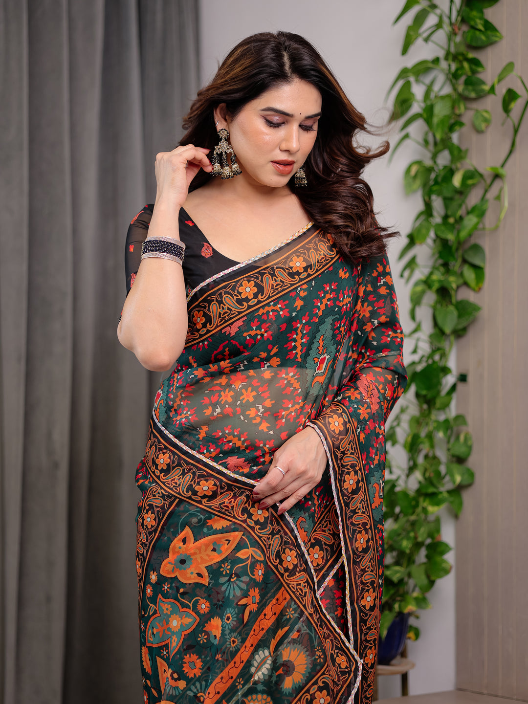 Black Printed Organza Saree with Floral & Traditional Motifs and Multicolour Lace Border | Designer Lightweight Organza Saree with Attached Blouse Piece | Festive & Party Wear Saree