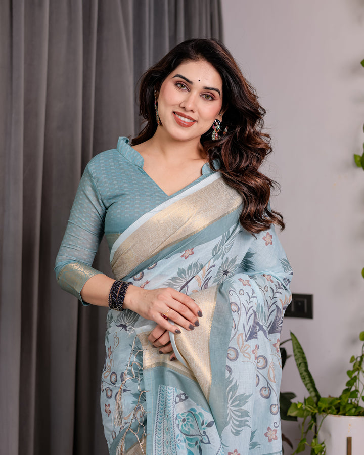Pastel Aqua Blue Handloom Linen Saree with Peacock & Floral Digital Print, Zari Border & Tassel Pallu | 5.5m Saree + 0.8m Blouse
