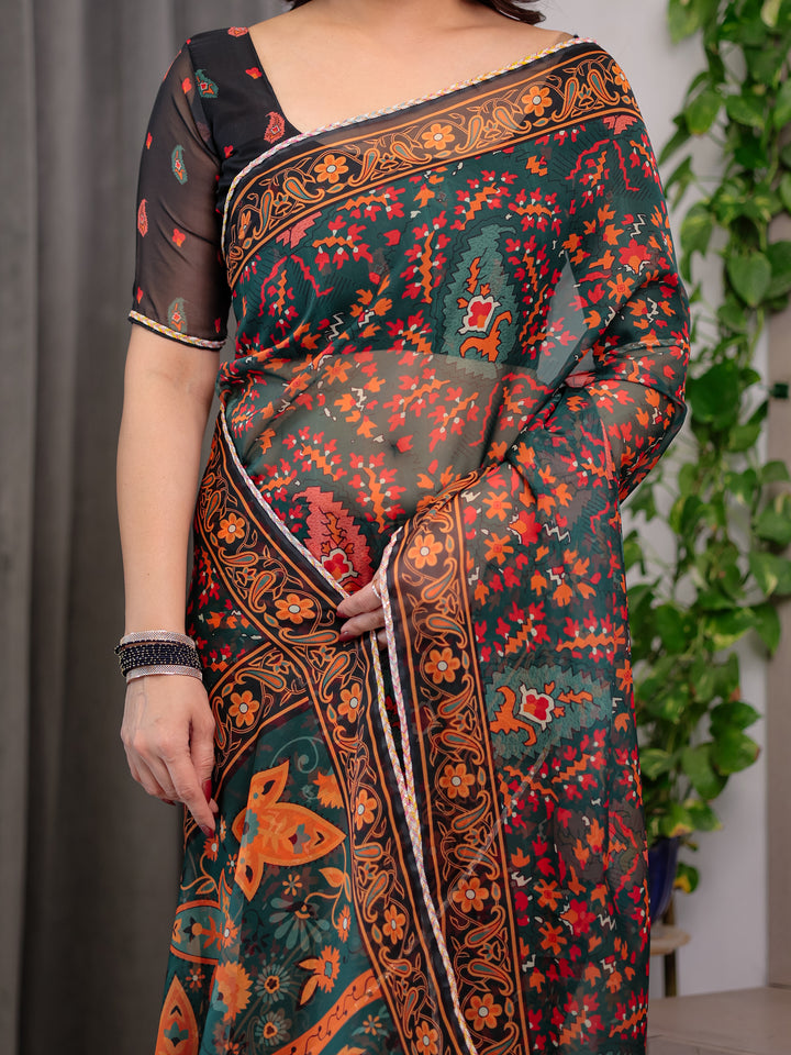 Black Printed Organza Saree with Floral & Traditional Motifs and Multicolour Lace Border | Designer Lightweight Organza Saree with Attached Blouse Piece | Festive & Party Wear Saree