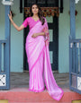 Pastel Pink Designer Freehand Saree with Floral Pallu & Zigzag Blouse | Satin Georgette | Handsfree Draping Feature