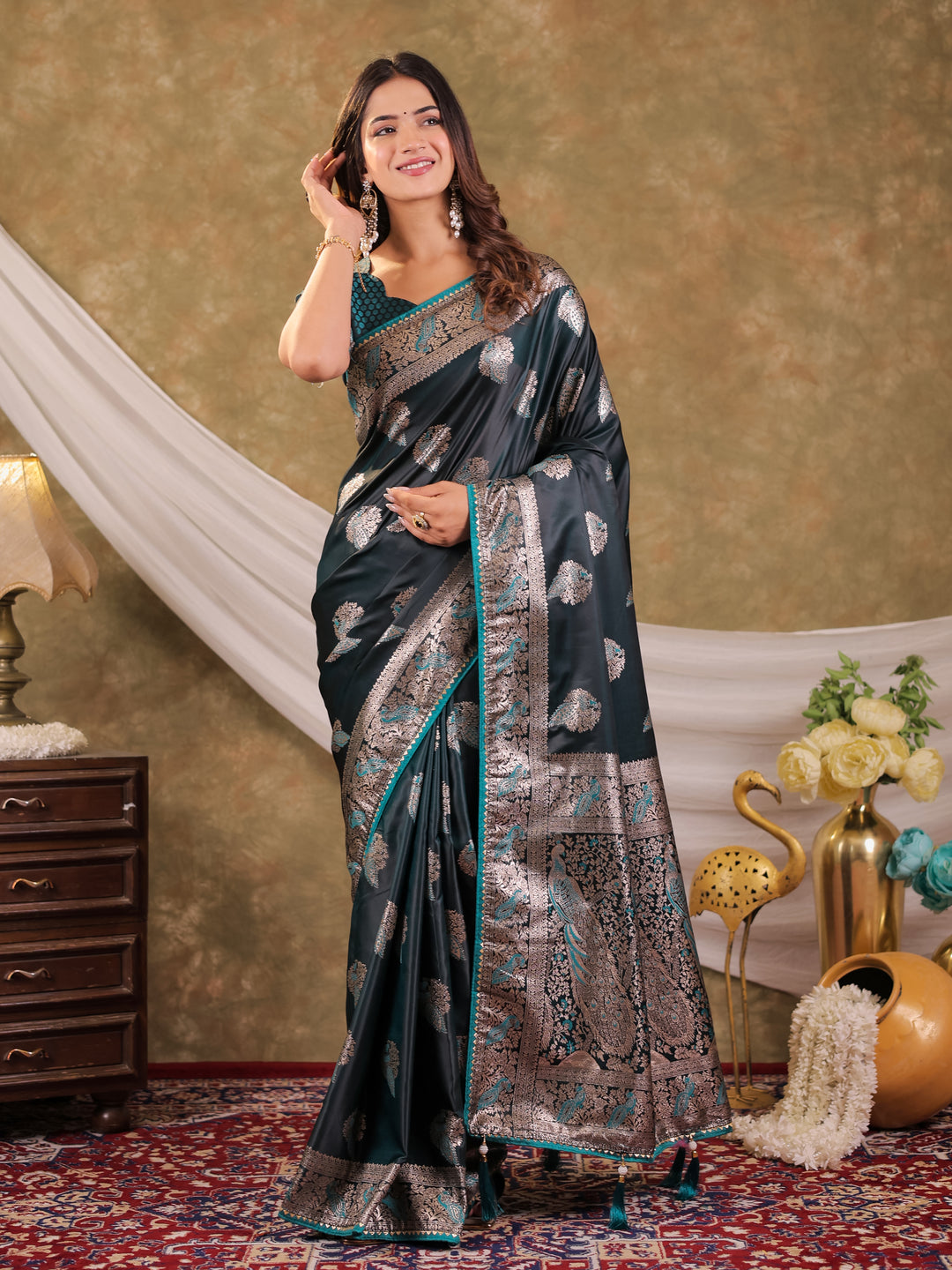 Dark Teal Green Kanjivaram Banarasi Satin Silk Saree with Rich Zari Weaving, Peacock Pallu & Tassel Detailing