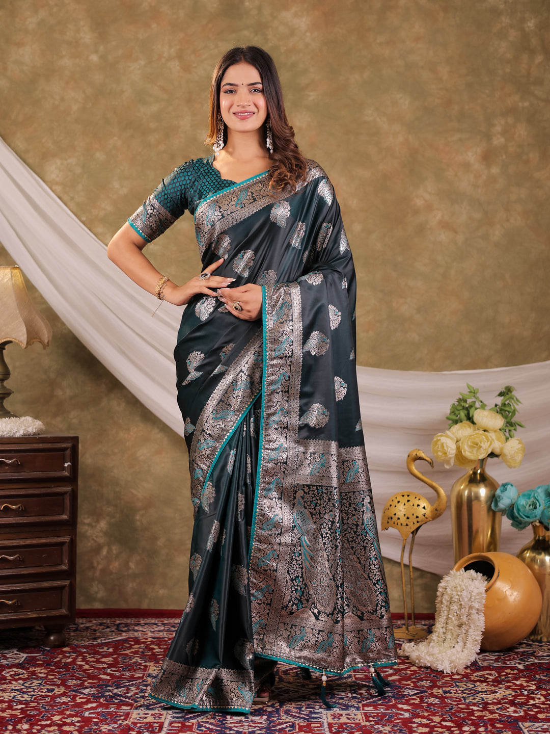 Dark Teal Green Kanjivaram Banarasi Satin Silk Saree with Rich Zari Weaving, Peacock Pallu & Tassel Detailing