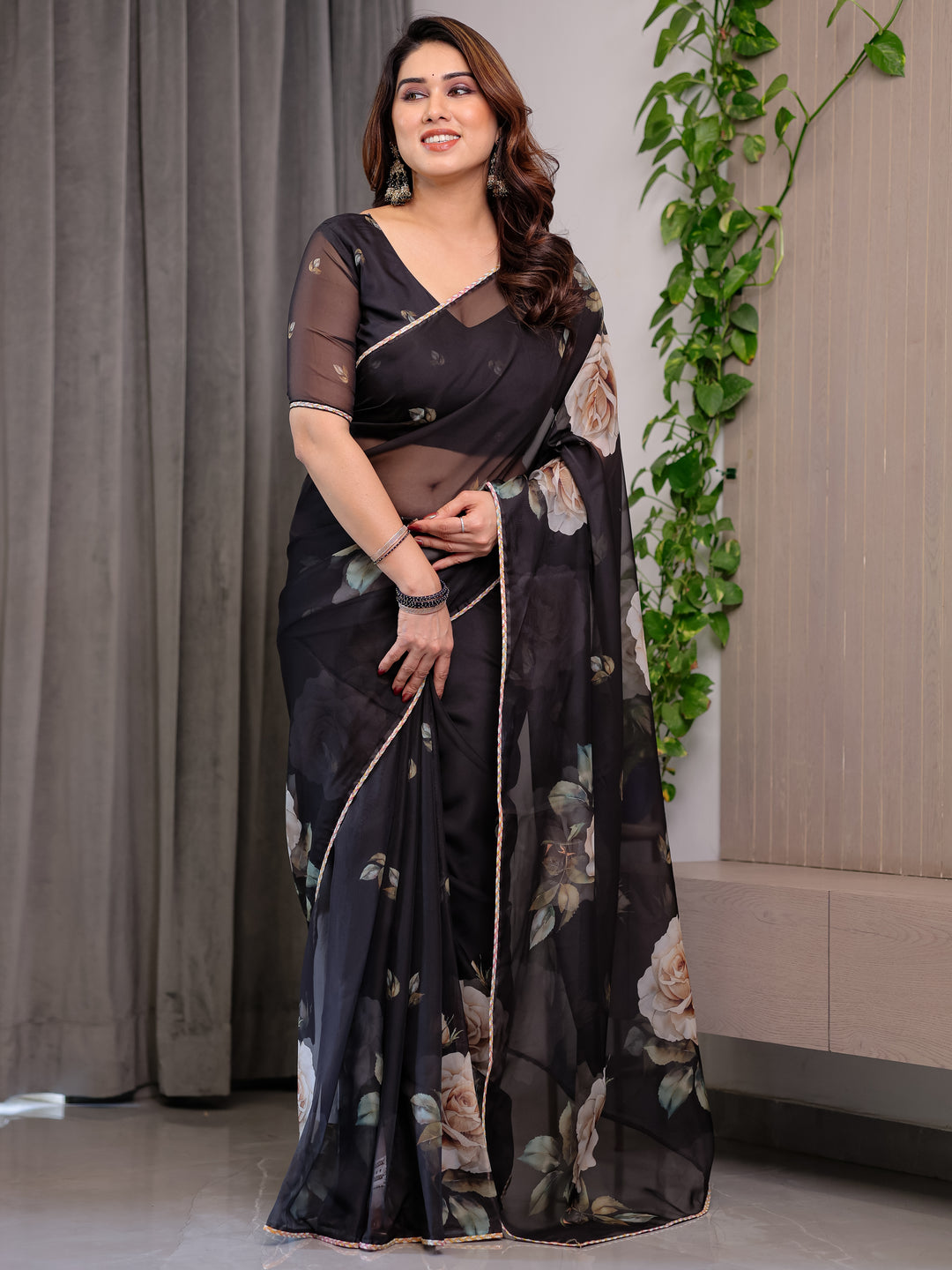 Elegant Black Floral Printed Organza Saree with Rose Motifs | Lightweight Designer Sheer Saree with Attached Blouse Piece | Party Wear & Evening Ethnic Saree