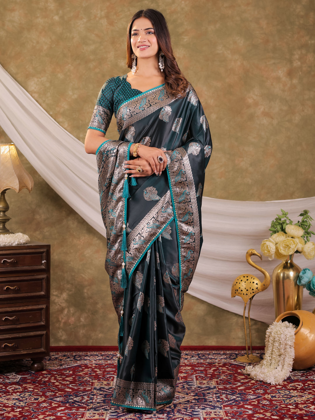 Dark Teal Green Kanjivaram Banarasi Satin Silk Saree with Rich Zari Weaving, Peacock Pallu & Tassel Detailing