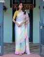 White Designer Freehand Saree with Multicolor Art Pallu & Yellow Blouse | Satin Georgette | Handsfree Draping Feature