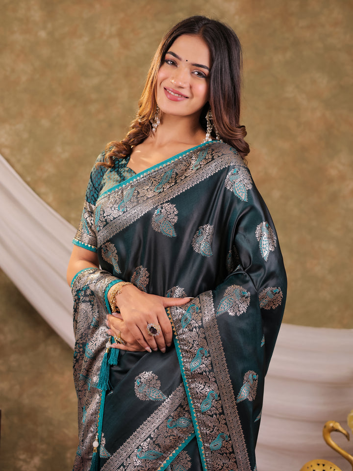 Dark Teal Green Kanjivaram Banarasi Satin Silk Saree with Rich Zari Weaving, Peacock Pallu & Tassel Detailing