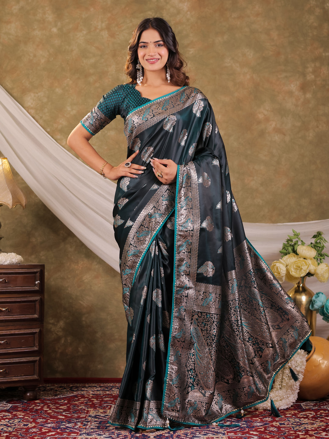 Dark Teal Green Kanjivaram Banarasi Satin Silk Saree with Rich Zari Weaving, Peacock Pallu & Tassel Detailing