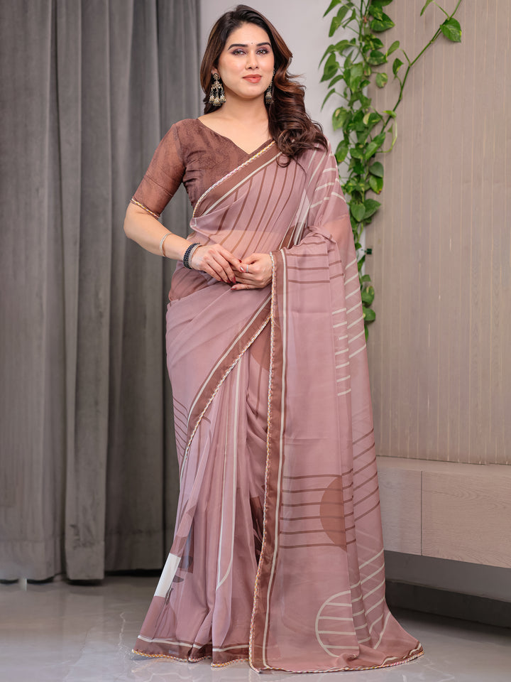 Dusty Rose Geometric Printed Organza Saree with Multicolour Lace Border | Designer Lightweight Organza Saree with Attached Blouse Piece | Elegant Contemporary Festive Saree