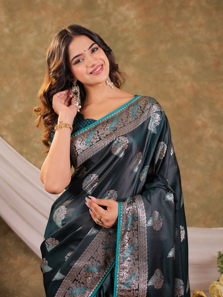 Dark Teal Green Kanjivaram Banarasi Satin Silk Saree with Rich Zari Weaving, Peacock Pallu & Tassel Detailing