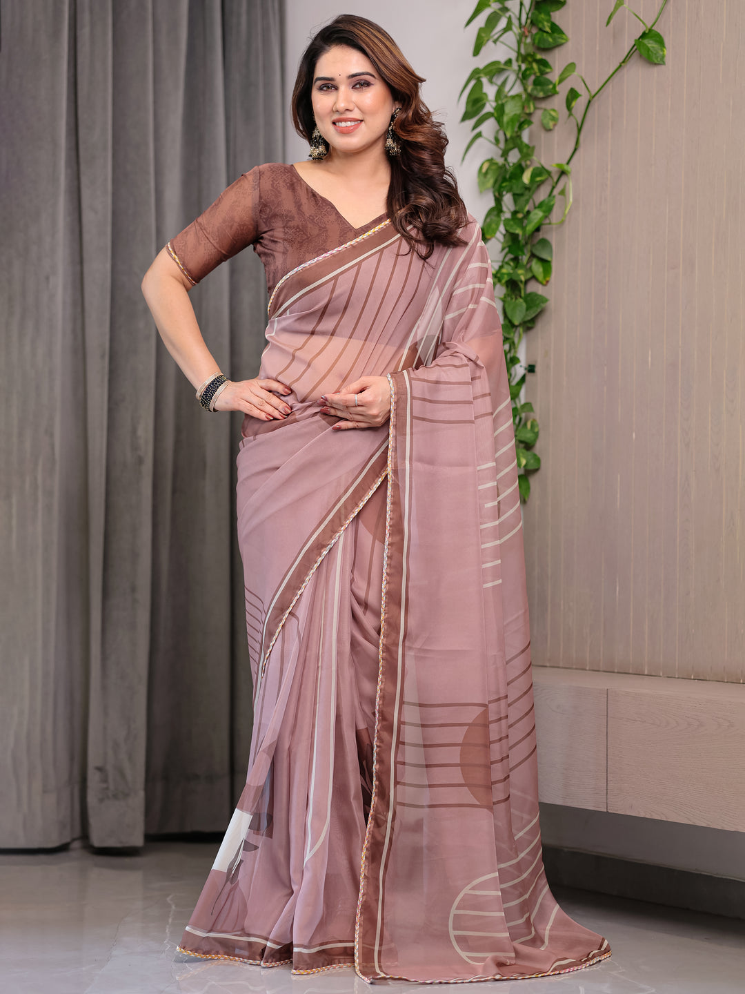 Dusty Rose Geometric Printed Organza Saree with Multicolour Lace Border | Designer Lightweight Organza Saree with Attached Blouse Piece | Elegant Contemporary Festive Saree