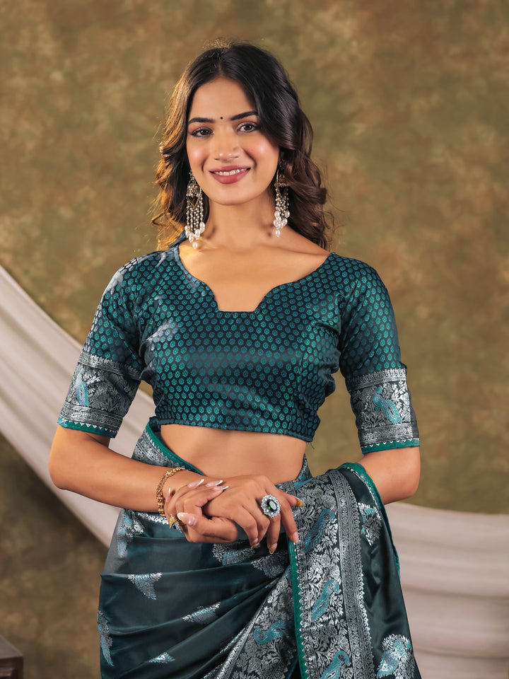 Dark Teal Green Kanjivaram Banarasi Satin Silk Saree with Rich Zari Weaving, Peacock Pallu & Tassel Detailing