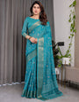 Teal Blue Handloom Linen Printed Saree with Rose Motifs & Zari Border | Pallu with Buttis & Tassels | 5.5m Saree + 0.8m Blouse