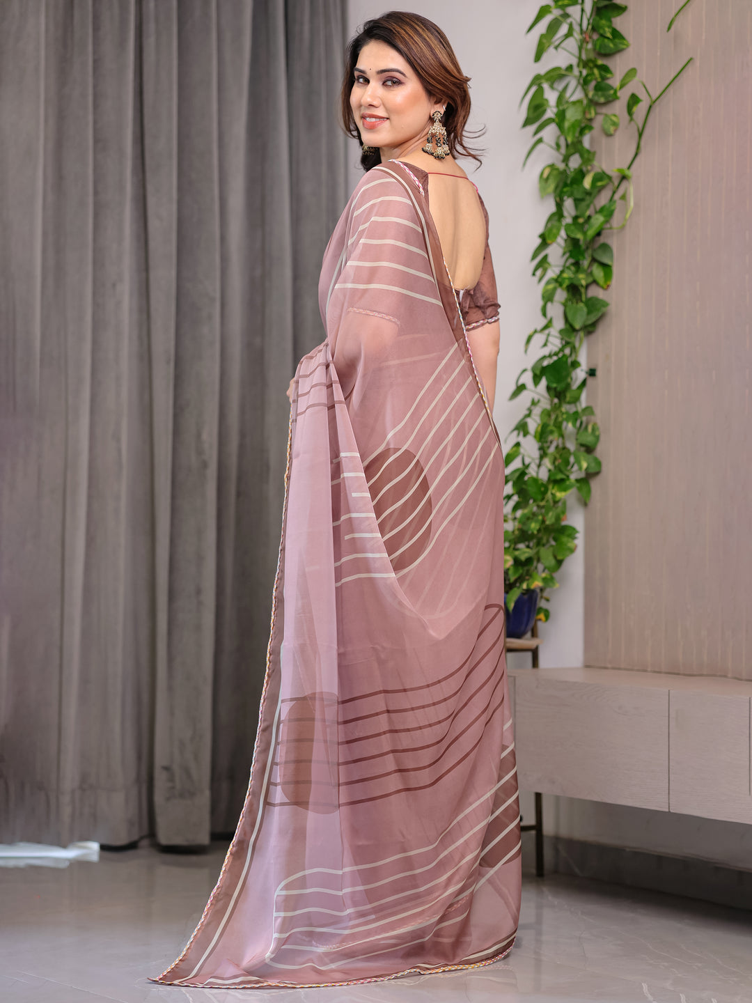 Dusty Rose Geometric Printed Organza Saree with Multicolour Lace Border | Designer Lightweight Organza Saree with Attached Blouse Piece | Elegant Contemporary Festive Saree