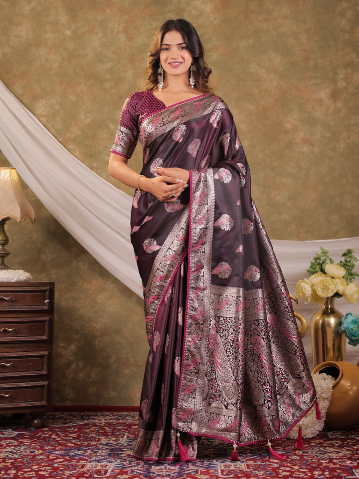 Wine Purple Kanjivaram Banarasi Satin Silk Saree with Rich Silver Zari Weaving, Peacock Pallu & Tassel Detailing