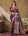 Wine Purple Kanjivaram Banarasi Satin Silk Saree with Rich Silver Zari Weaving, Peacock Pallu & Tassel Detailing