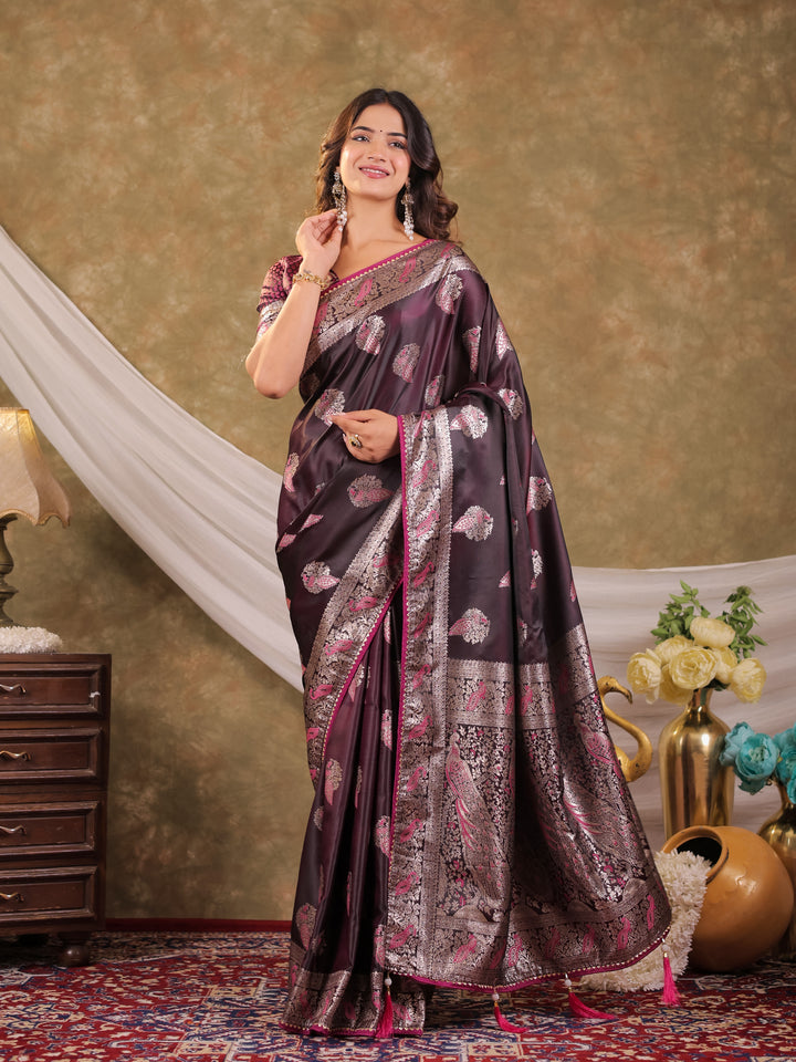 Wine Purple Kanjivaram Banarasi Satin Silk Saree with Rich Silver Zari Weaving, Peacock Pallu & Tassel Detailing