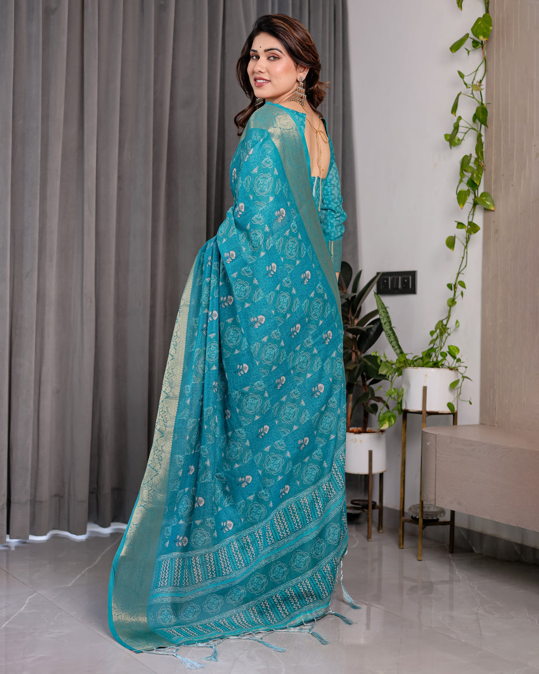Teal Blue Handloom Linen Printed Saree with Rose Motifs & Zari Border | Pallu with Buttis & Tassels | 5.5m Saree + 0.8m Blouse