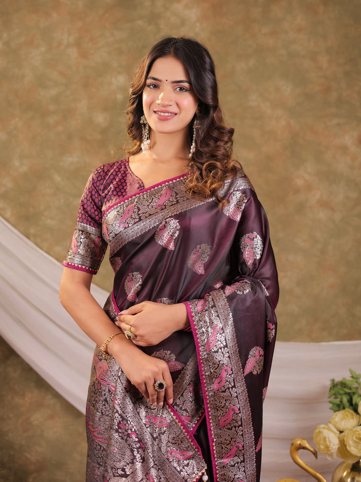 Wine Purple Kanjivaram Banarasi Satin Silk Saree with Rich Silver Zari Weaving, Peacock Pallu & Tassel Detailing