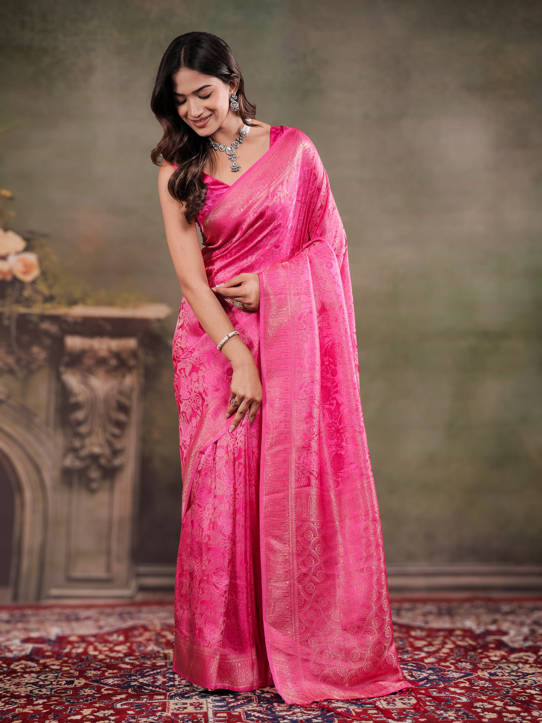 Hot Pink Satin Silk Saree with All-Over Floral Jacquard Weaving, Rich Zari Border, Grand Designer Pallu & Tassel Edges