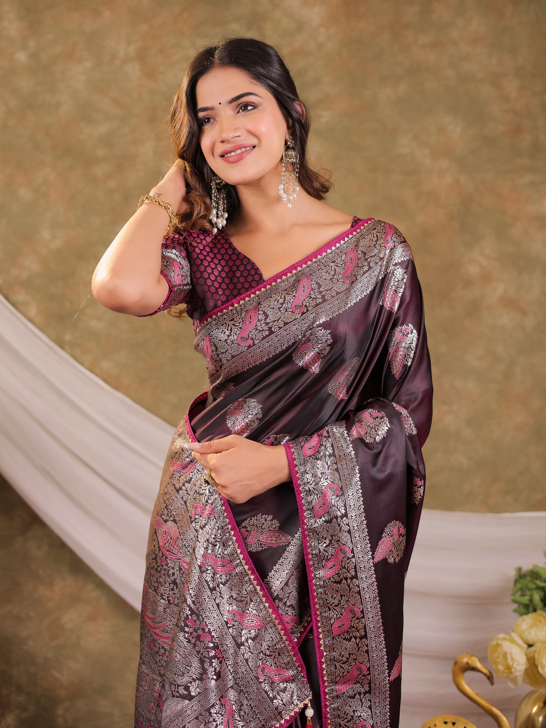 Wine Purple Kanjivaram Banarasi Satin Silk Saree with Rich Silver Zari Weaving, Peacock Pallu & Tassel Detailing