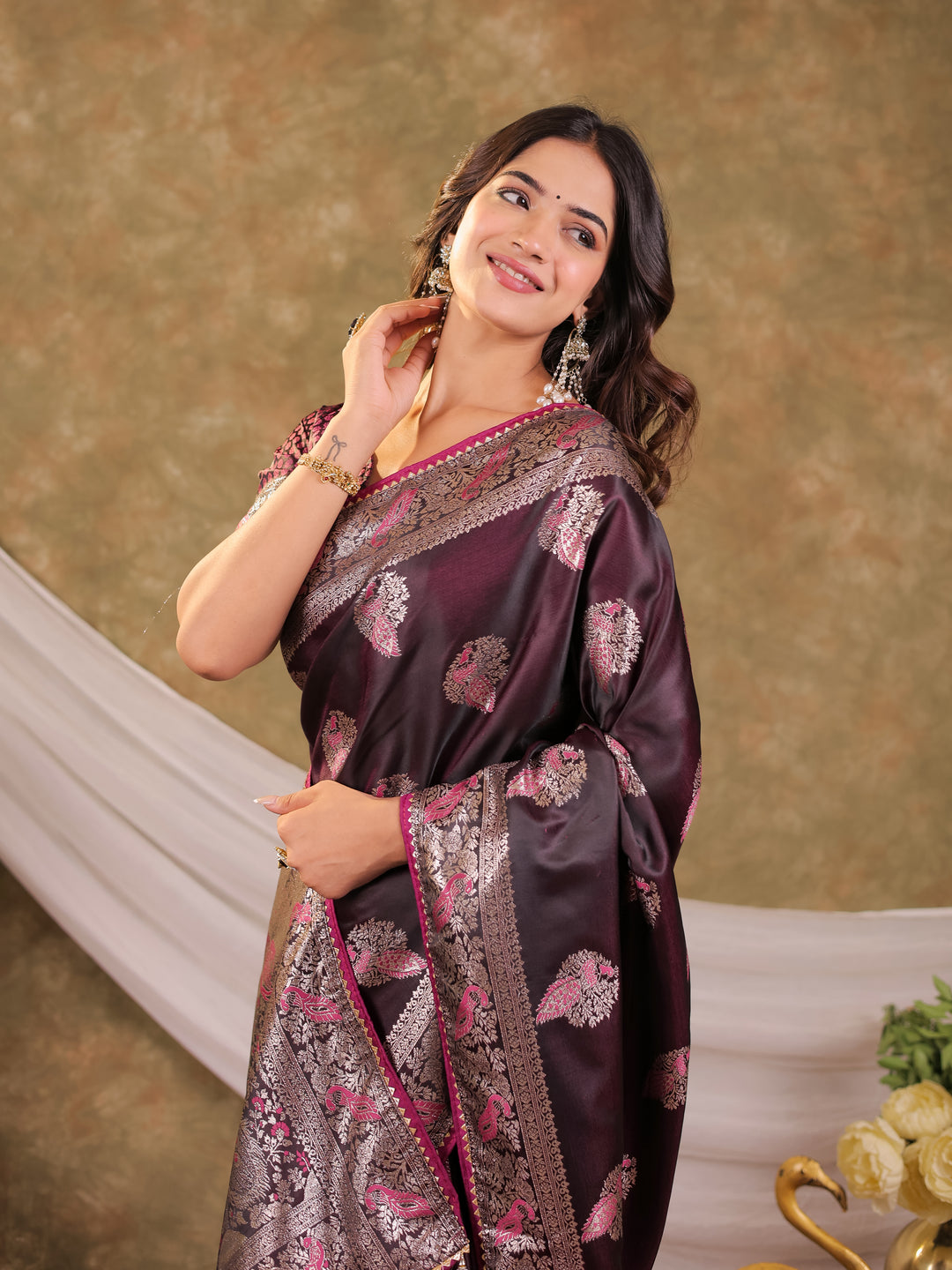 Wine Purple Kanjivaram Banarasi Satin Silk Saree with Rich Silver Zari Weaving, Peacock Pallu & Tassel Detailing
