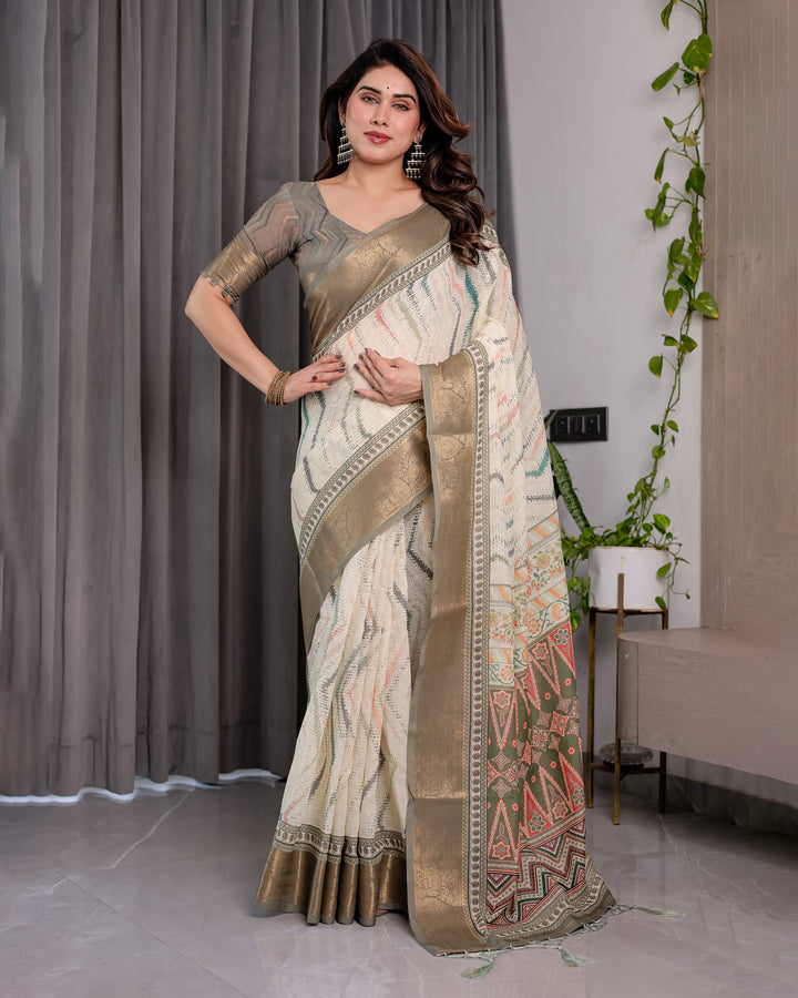 Elegant Cream & Gold Woven Ikat Silk Saree with Designer Border With Tassles