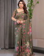 Olive Green Floral Printed Organza Saree with Multicolour Flower Motifs & Lace Border | Designer Lightweight Organza Saree with Attached Blouse Piece | Elegant Festive & Party Wear Saree