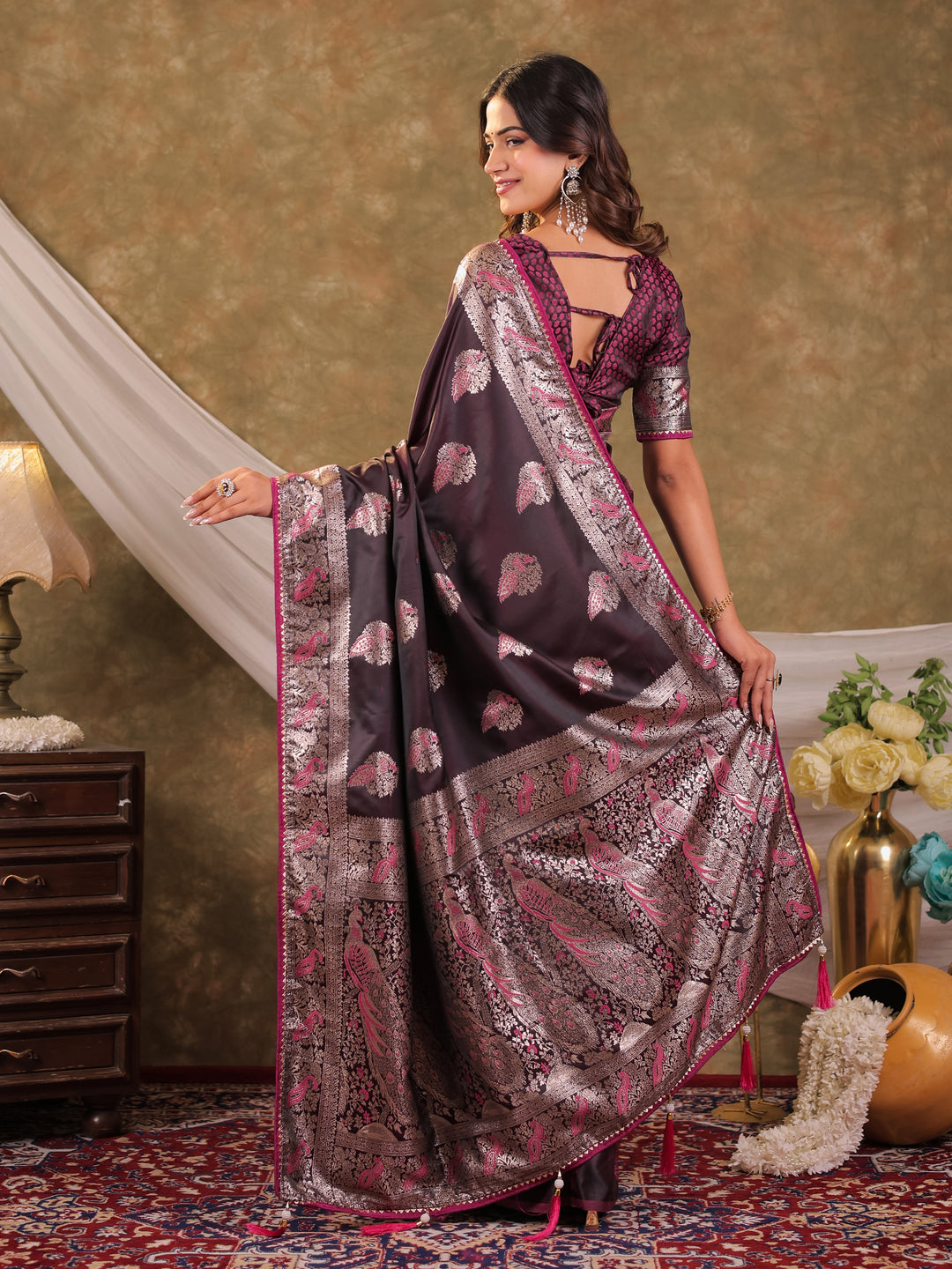 Wine Purple Kanjivaram Banarasi Satin Silk Saree with Rich Silver Zari Weaving, Peacock Pallu & Tassel Detailing