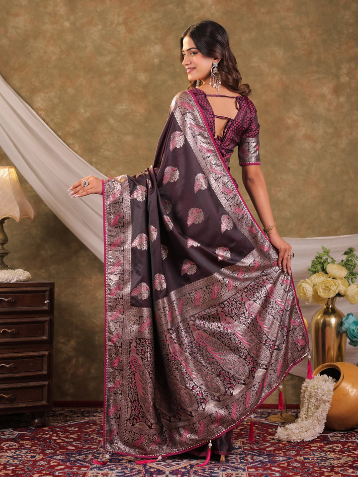 Wine Purple Kanjivaram Banarasi Satin Silk Saree with Rich Silver Zari Weaving, Peacock Pallu & Tassel Detailing
