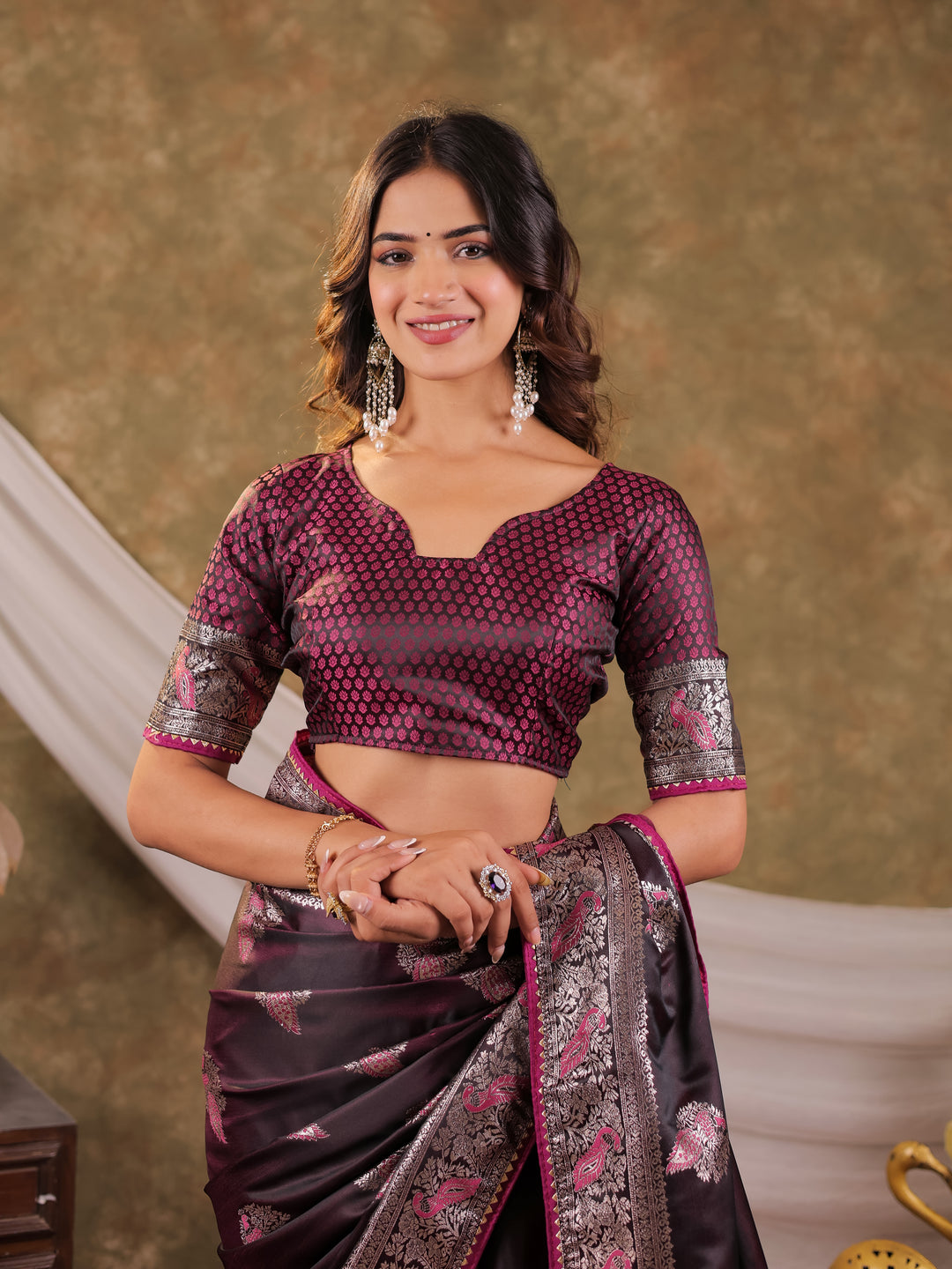 Wine Purple Kanjivaram Banarasi Satin Silk Saree with Rich Silver Zari Weaving, Peacock Pallu & Tassel Detailing