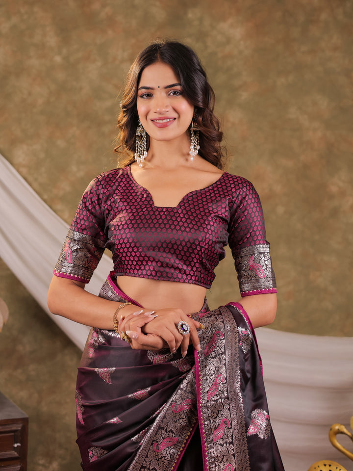 Wine Purple Kanjivaram Banarasi Satin Silk Saree with Rich Silver Zari Weaving, Peacock Pallu & Tassel Detailing