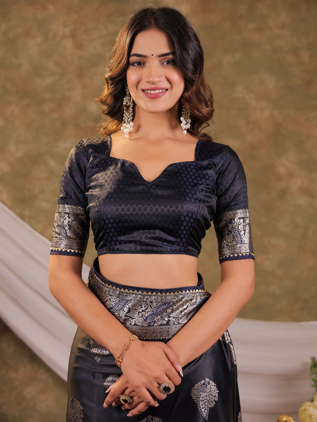 Dark Navy Blue Kanjivaram Banarasi Satin Silk Saree with Rich Zari Weaving, Designer Border & Tassel Pallu