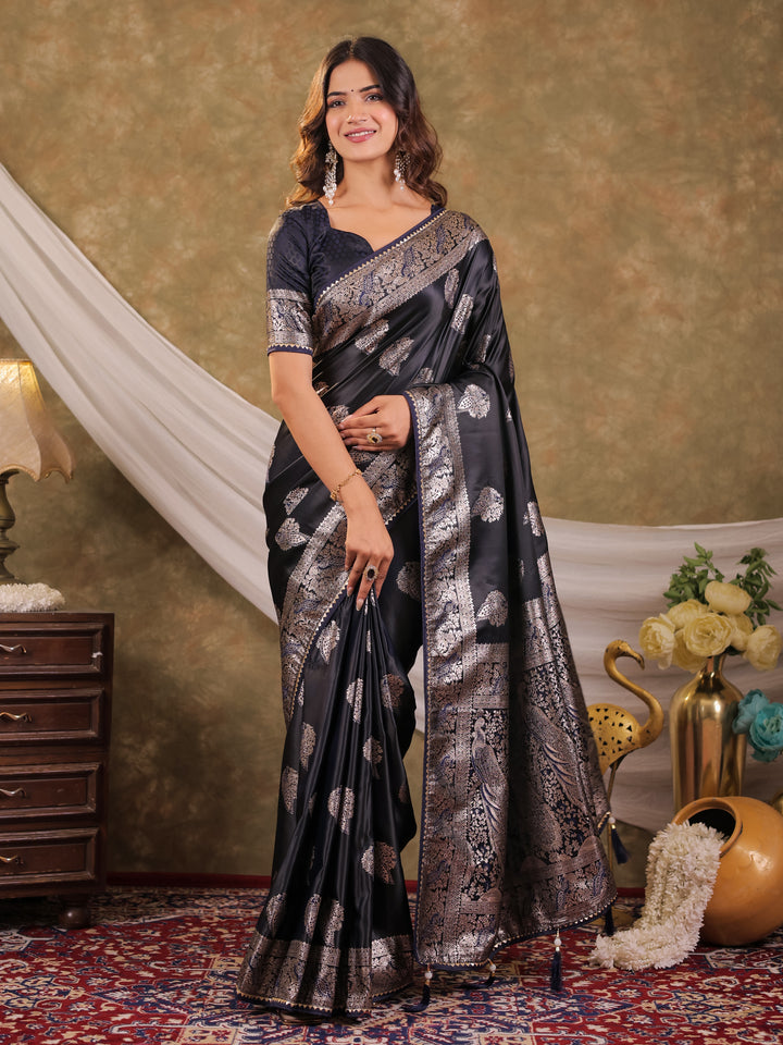 Dark Navy Blue Kanjivaram Banarasi Satin Silk Saree with Rich Zari Weaving, Designer Border & Tassel Pallu
