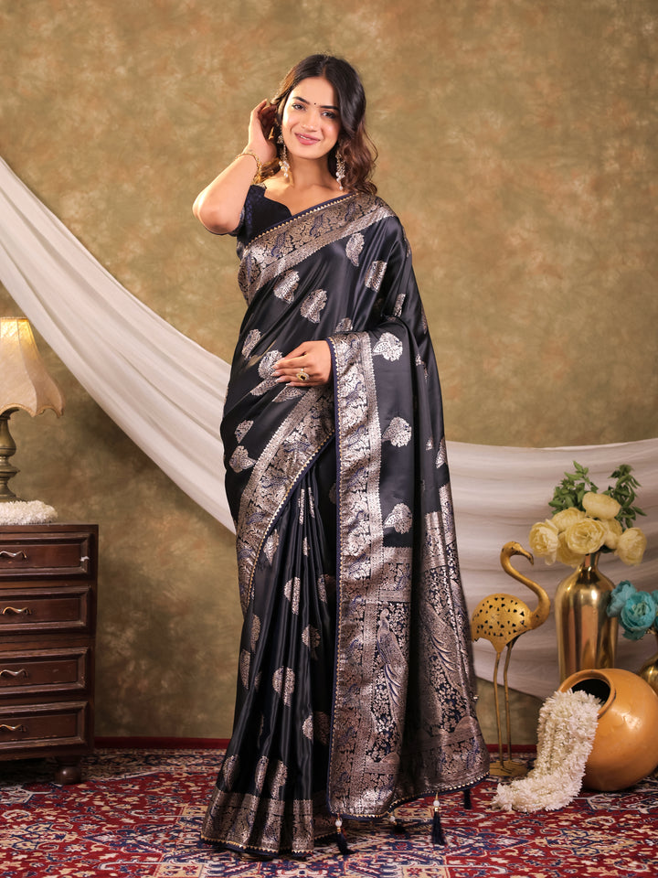 Dark Navy Blue Kanjivaram Banarasi Satin Silk Saree with Rich Zari Weaving, Designer Border & Tassel Pallu