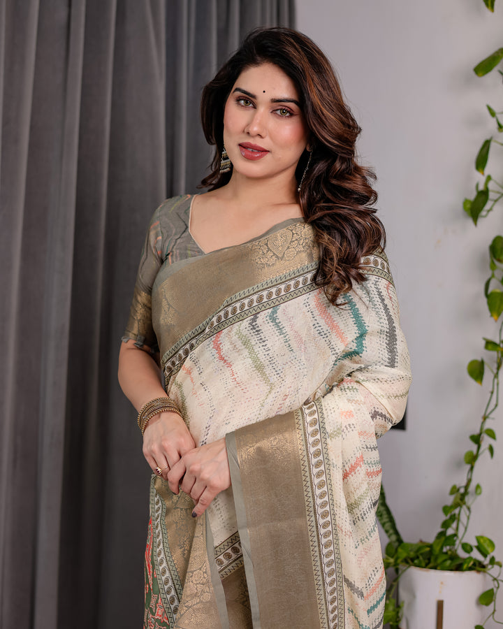 Elegant Cream & Gold Woven Ikat Silk Saree with Designer Border With Tassles