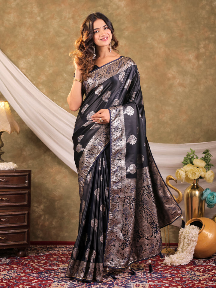 Dark Navy Blue Kanjivaram Banarasi Satin Silk Saree with Rich Zari Weaving, Designer Border & Tassel Pallu