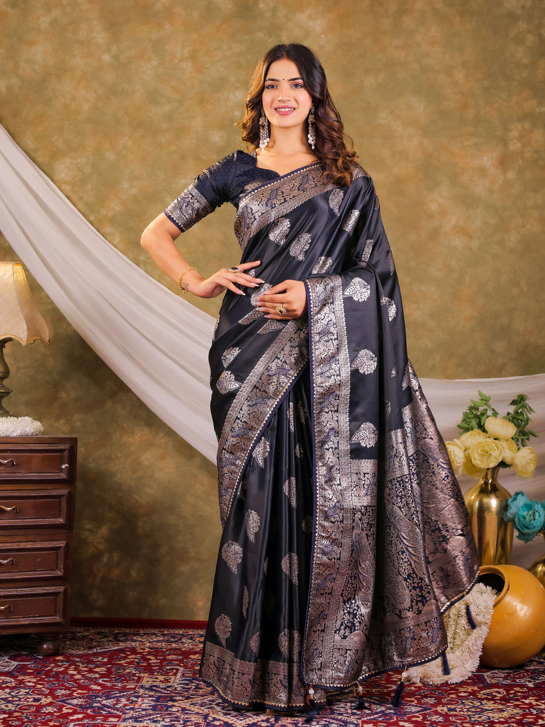 Dark Navy Blue Kanjivaram Banarasi Satin Silk Saree with Rich Zari Weaving, Designer Border & Tassel Pallu