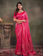 Rani Pink Satin Silk Saree with All-Over Floral Jacquard Weaving, Rich Zari Border, Grand Designer Pallu & Tassel Edges
