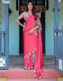 Coral Red Designer Freehand Saree with Mandala Pallu & Multicolor Border | Satin Georgette | Hole-in-the-Pallu Feature