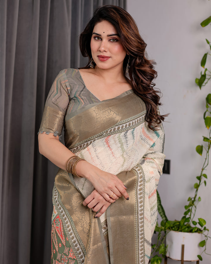 Elegant Cream & Gold Woven Ikat Silk Saree with Designer Border With Tassles