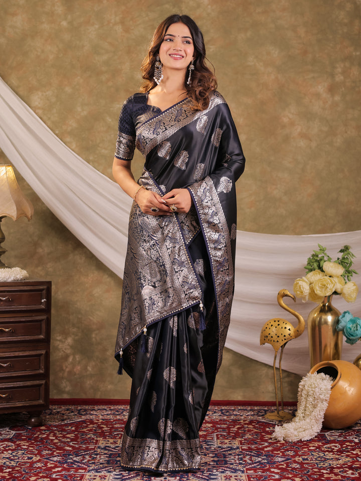 Dark Navy Blue Kanjivaram Banarasi Satin Silk Saree with Rich Zari Weaving, Designer Border & Tassel Pallu