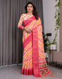 Multicolor Striped Handloom Linen Saree with Pink Geometric Pallu & Zari Border | 5.5m Saree + 0.8m Attached Blouse with Tassels