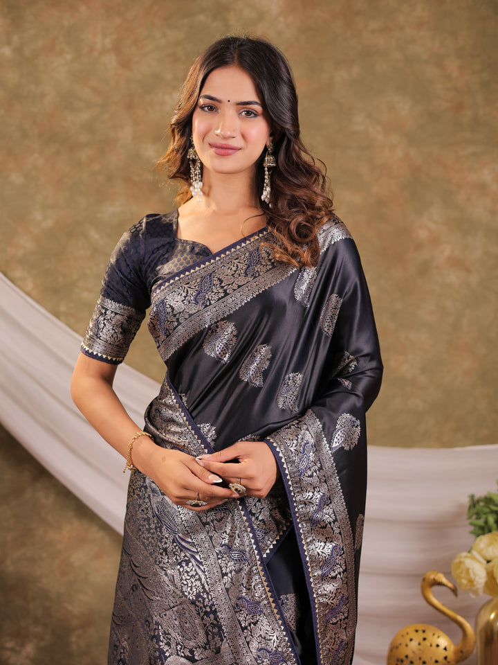 Dark Navy Blue Kanjivaram Banarasi Satin Silk Saree with Rich Zari Weaving, Designer Border & Tassel Pallu